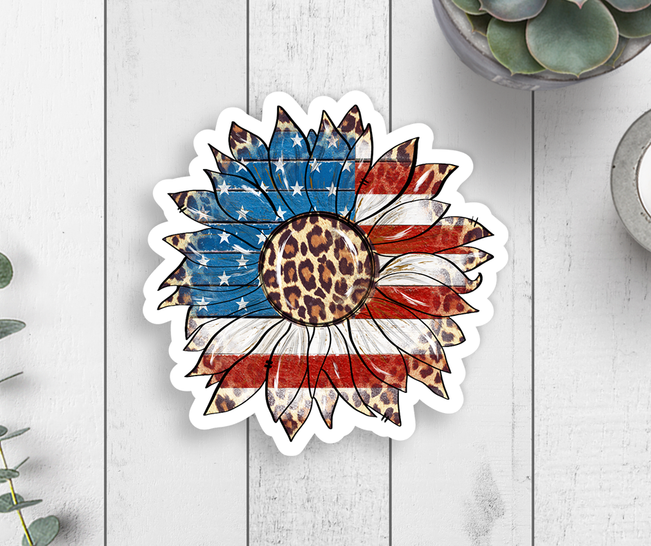 Patriotic Leopard Sunflower Vinyl Sticker