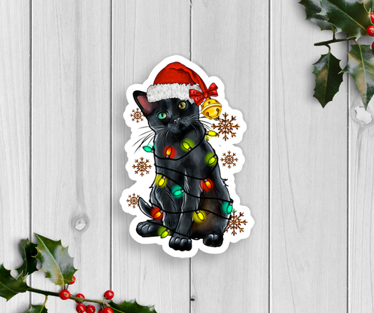 Holiday Cat With Lights Vinyl Sticker